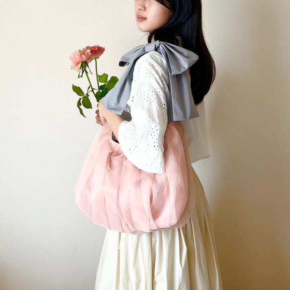 【受注生産】A4対応・軽量・3wayオーガンジーリボンバッグ（サクラピンク） 17枚目の画像