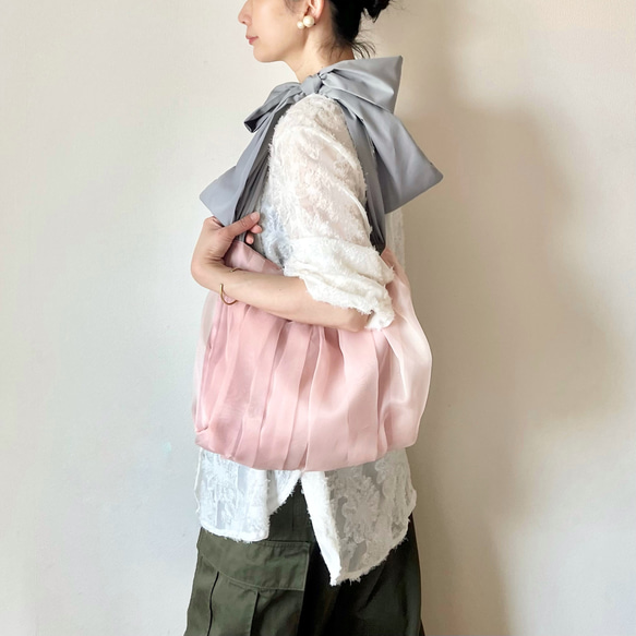 【受注生産】A4対応・軽量・3wayオーガンジーリボンバッグ（サクラピンク） 2枚目の画像