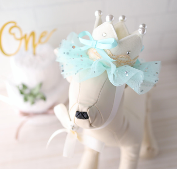 ＜デザインリニューアル！>ふんわりmintチュールの　mini crown 犬用アクセサリー　ペットの記念日に♪ ベビー 7枚目の画像