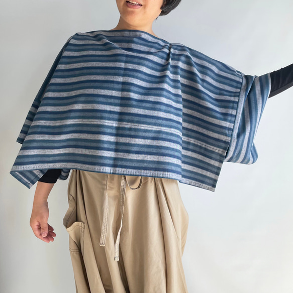 【三河木綿】ショート丈の着物袖プルオーバー 総手縫い -鰹縞 KMPO293 4枚目の画像