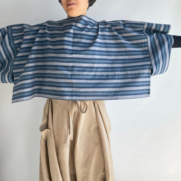 【三河木綿】ショート丈の着物袖プルオーバー 総手縫い -鰹縞 KMPO293 6枚目の画像