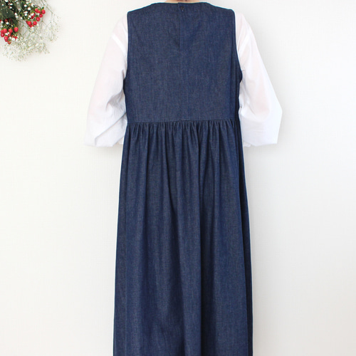 再販】大人可愛いギャザージャンパースカート デニムノースリーブ