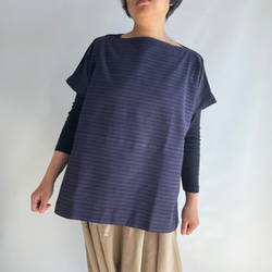 【三河木綿】横づかいの幅広プルオーバー 袖付き -紺に辛子と茶のストライプ  POW227 1枚目の画像