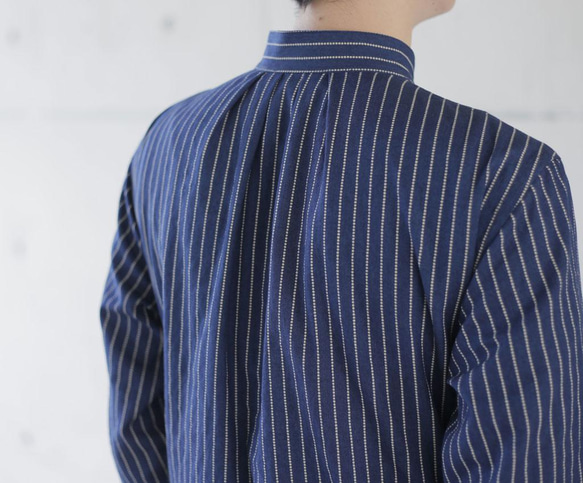 Long Farmers Shirts stripeインディゴ抜染シャンブレーロングファーマーズシャツ 7枚目の画像