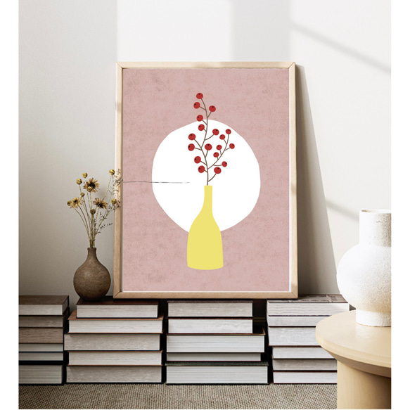 北欧 風 インテリア アートポスター【 花瓶と野ばらの実。】あずき色