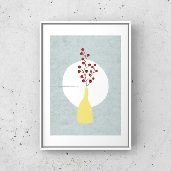 北欧 風 インテリア アートポスター【 花瓶と野ばらの実。】ブルー :/033/ 和 モダン 植物 花 シンプル 2枚目の画像