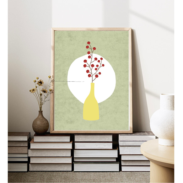 北欧 風 インテリア アートポスター【 花瓶と野ばらの実。】グリーン