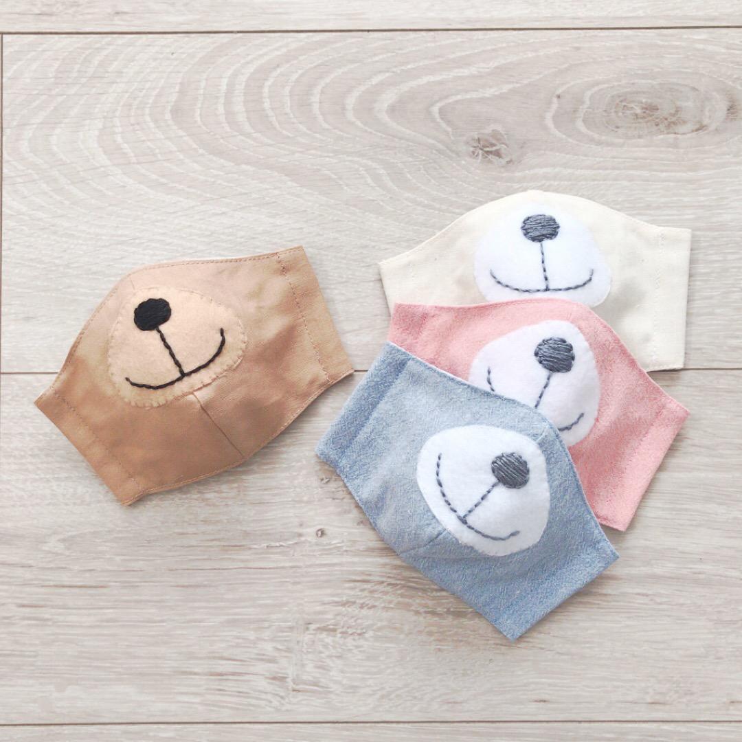 ハンドメイド立体マスク　チェックくまさん　キッズサイズ　インナーマスク 小学生用】オールシーズンマスク くまマスク クマさんマスク