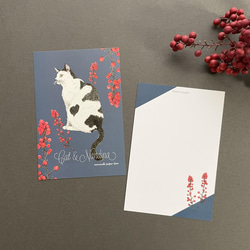 猫と南天 ポストカード（３色セット） 2枚目の画像
