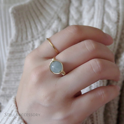 アクアマリン　ワイヤー　リング　フリーサイズ ハンドメイド 再販]深い藍の癒しのリング「ディープブルーアクアマリン