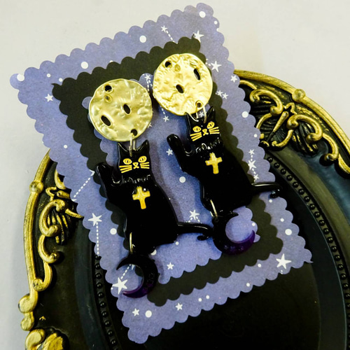 月に願いを 黒猫とお月さま ピアス イヤリング 黒ネコ ねこ cat