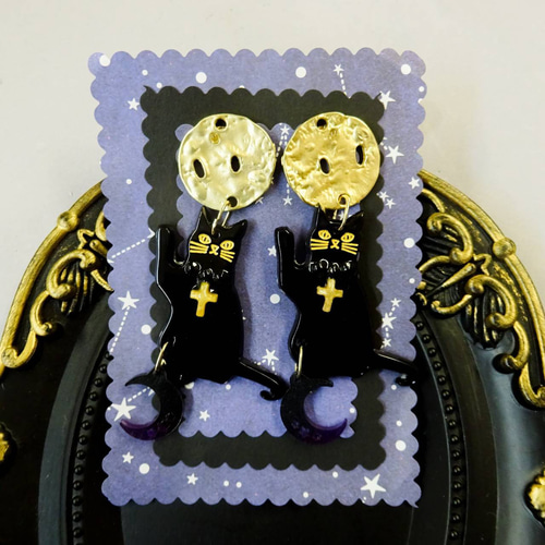 月に願いを 黒猫とお月さま ピアス イヤリング 黒ネコ ねこ cat 大ぶり