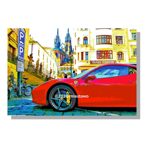 【アートポスター】チェコの街とフェラーリ（作品No.035） 4枚目の画像