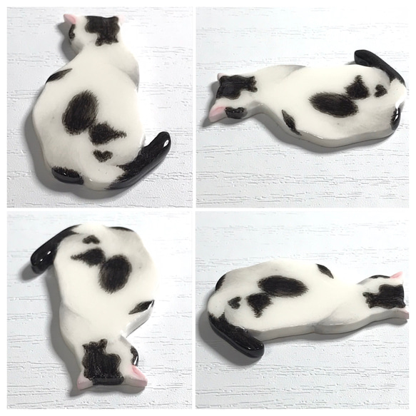 <再販> 猫の後ろ姿 の 帯留め/ブローチ 【陶器風 石塑粘土アクセサリー】猫 ネコ 白黒 4枚目の画像