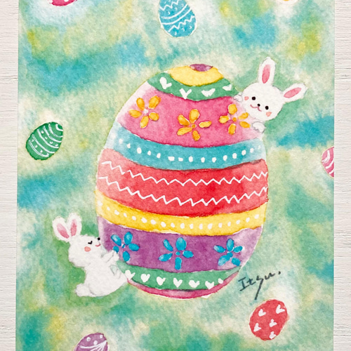 透明水彩画 3枚セット「イースターエッグ」イラストポストカード 春