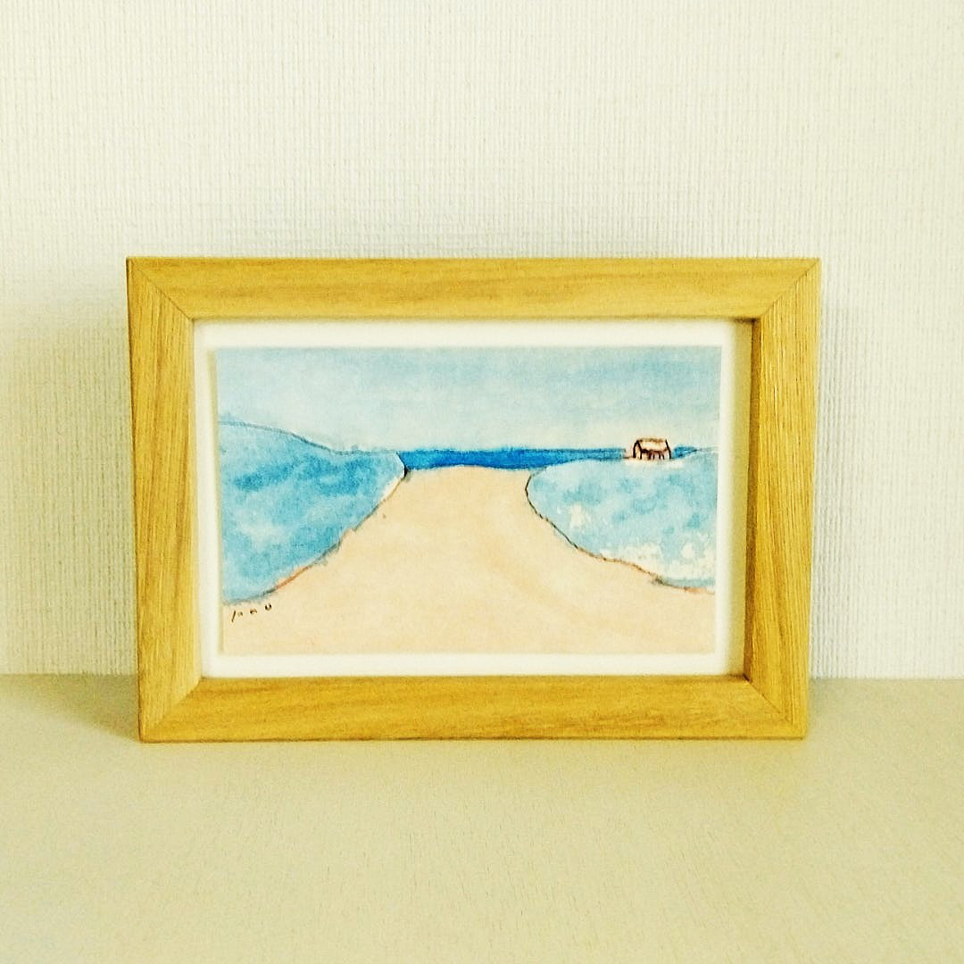 木製フレーム付き27ｃｍ25ｃｍ 海の風景 水彩画