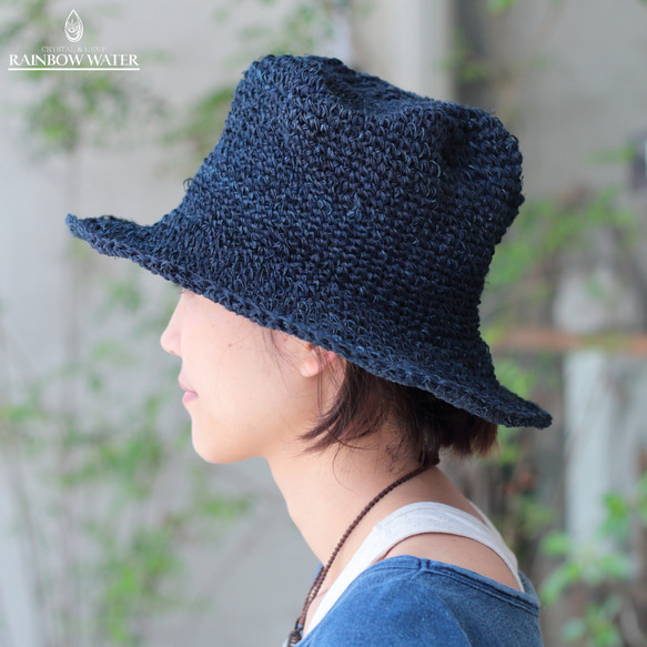 手編みハット【ヘンプ100%】 / 藍染め インディゴ 4枚目の画像