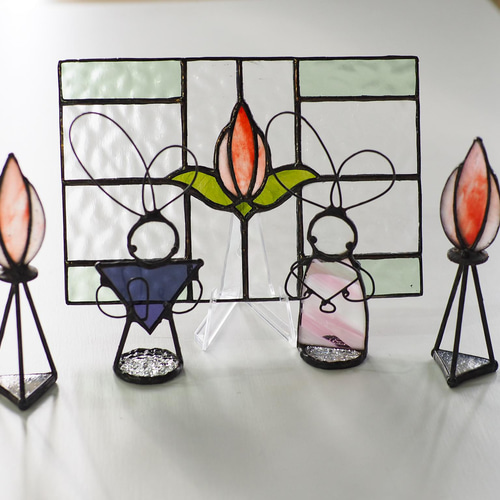 ちょこんとうさぎのおひなさま(紫色&ピンク) 」アンティークガラス