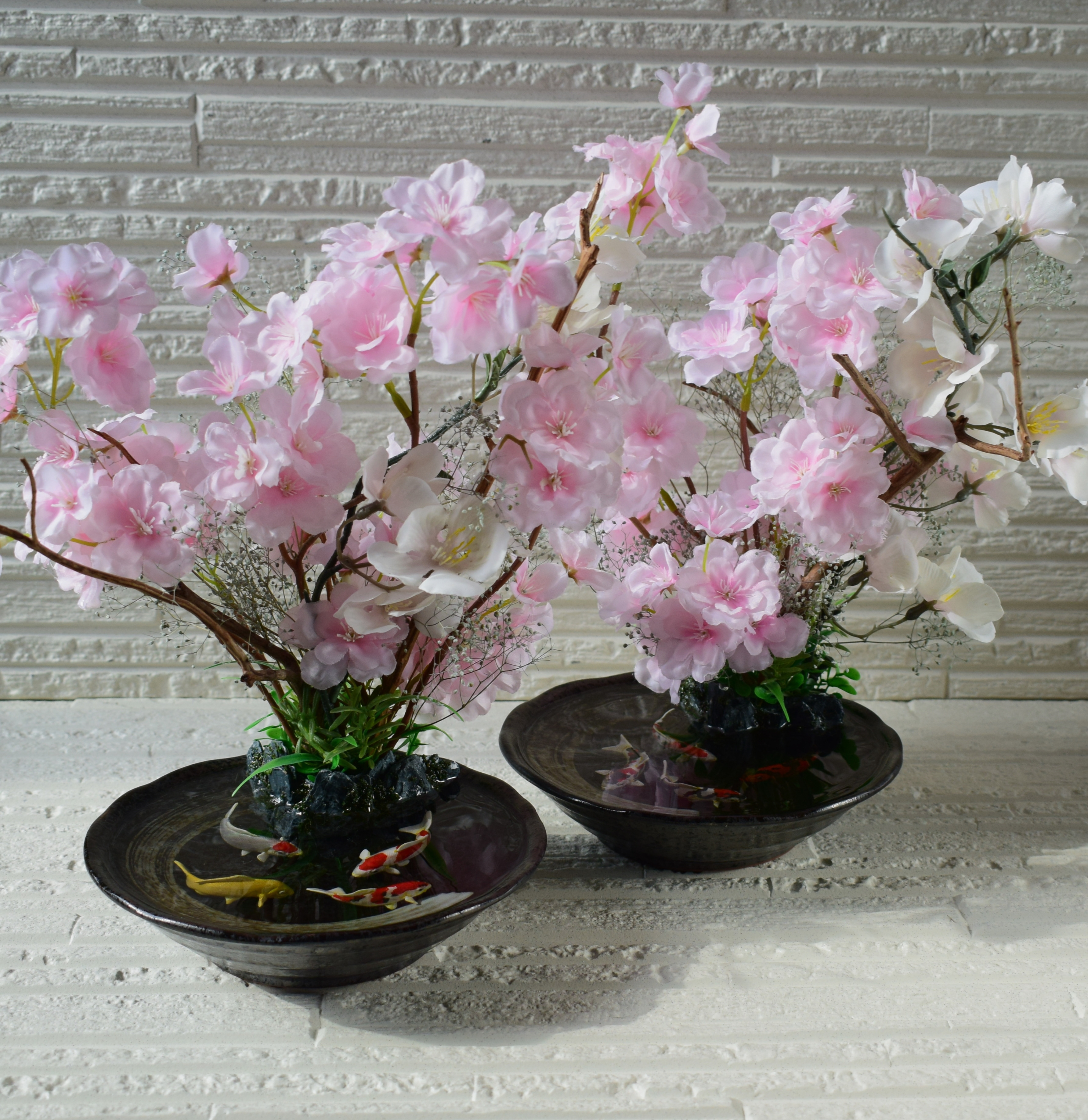 置物　水辺の風景　桜　造花　受注制作　錦鯉　　置物　和雑貨　インテリア雑貨　エポキシ樹脂