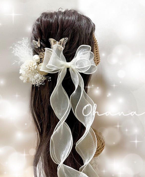 成人式　振袖　袴　髪飾り　蝶々　バタフライ　ヘッドドレス　和装　ダブルリボン　オーガンジーリボン　ガーリー　OHANA 7枚目の画像