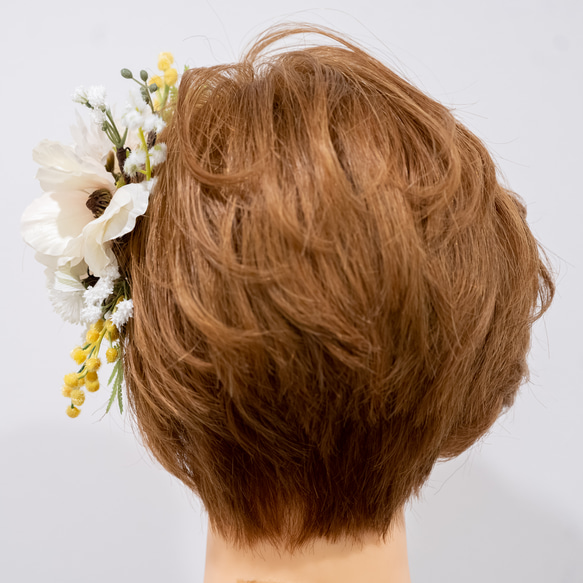 【ショートヘアーやベリーショートの花嫁様に】ドライフラワー風ミモザのヘッドドレスH ボンネ風ヘッドパーツ 春の結婚式に＊ 7枚目の画像