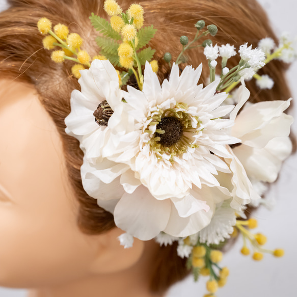 【ショートヘアーやベリーショートの花嫁様に】ドライフラワー風ミモザのヘッドドレスH ボンネ風ヘッドパーツ 春の結婚式に＊ 4枚目の画像