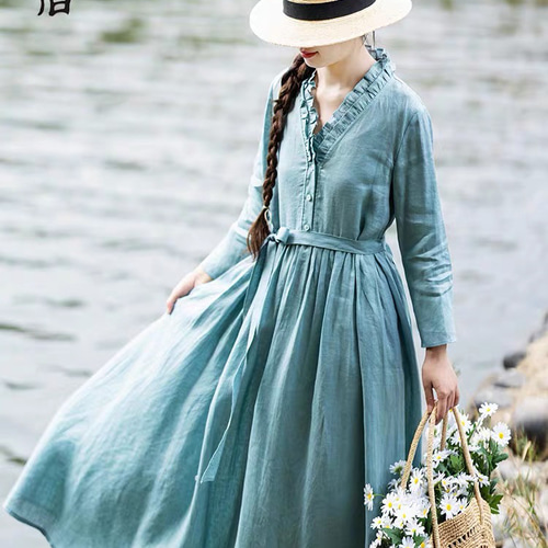 Loungedress リネン100 麻 Vネック ロング ワンピース リネン ワンピース 【送料無料】 ワンピ Vネックワンピース
