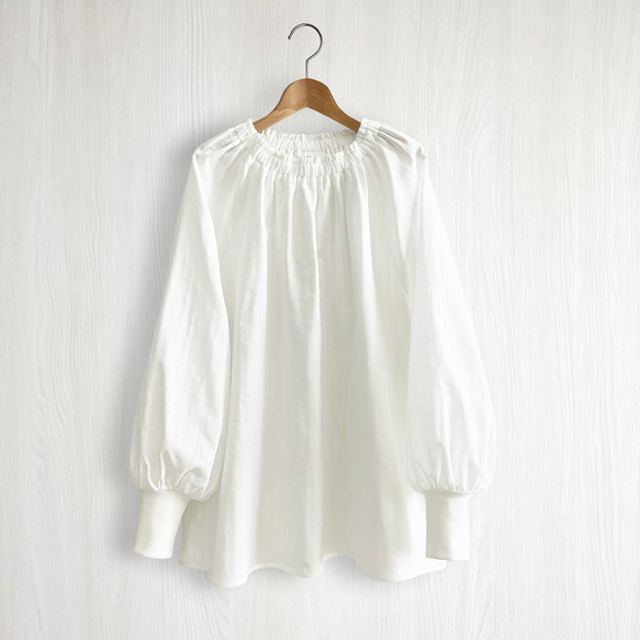 【日本/紀州】ボリューム袖クルーギャザー長袖プルオーバー_オーガニック綿100%_White 12枚目の画像