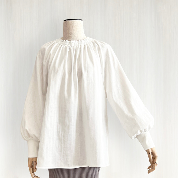 【日本/紀州】ボリューム袖クルーギャザー長袖プルオーバー_オーガニック綿100%_White 8枚目の画像