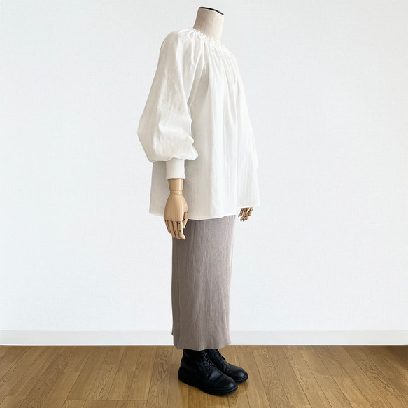 【日本/紀州】ボリューム袖クルーギャザー長袖プルオーバー_オーガニック綿100%_White 11枚目の画像