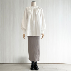 【日本/紀州】ボリューム袖クルーギャザー長袖プルオーバー_オーガニック綿100%_White 2枚目の画像