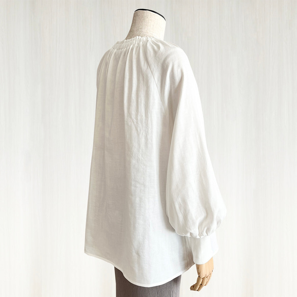 【日本/紀州】ボリューム袖クルーギャザー長袖プルオーバー_オーガニック綿100%_White 9枚目の画像