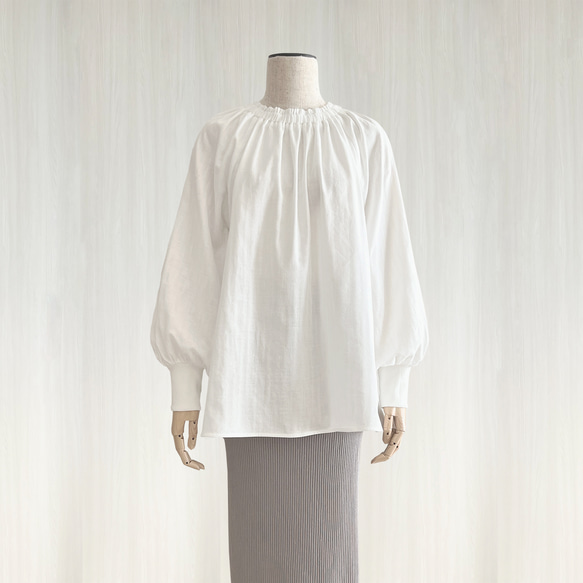 【日本/紀州】ボリューム袖クルーギャザー長袖プルオーバー_オーガニック綿100%_White 1枚目の画像