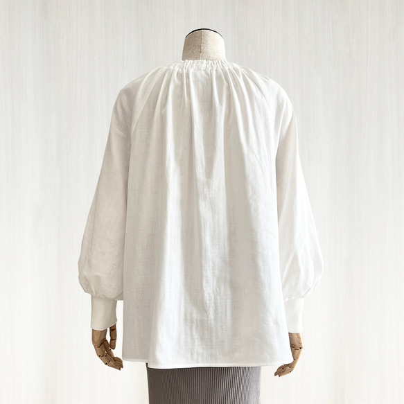 【日本/紀州】ボリューム袖クルーギャザー長袖プルオーバー_オーガニック綿100%_White 10枚目の画像