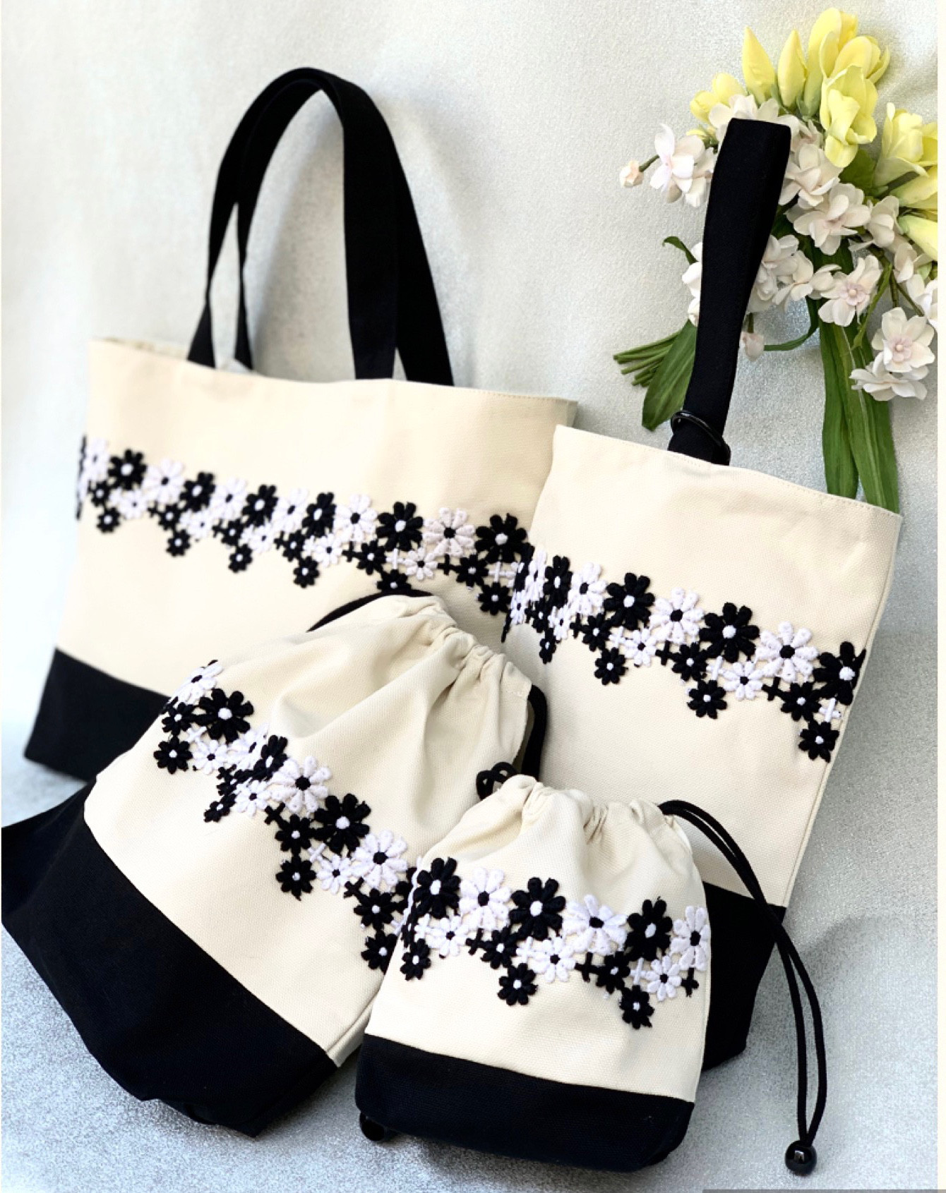 【入園入学4点セット】可愛い❤️高級イタリアレース　受注生産　ブラック