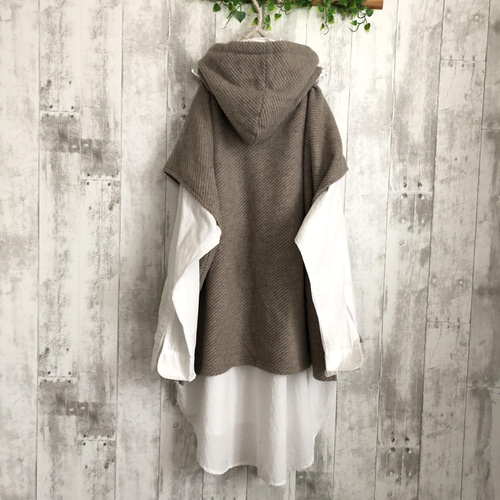 春秋冬モカガゼルシャギーニットフード付きポンチョ その他トップス