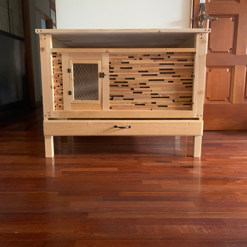 小型ウサギ用ケージ（中古）80cm幅／手作りロフト付き／木製造