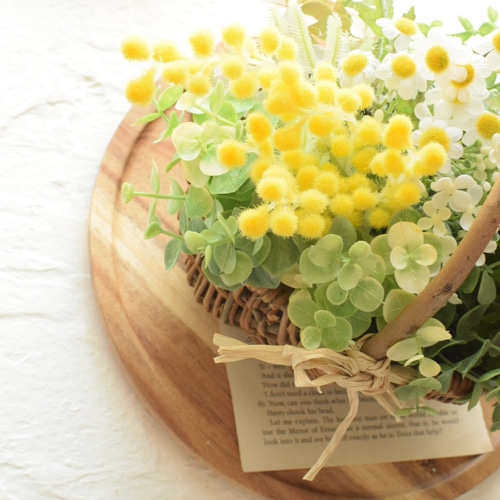 パンジーとミモザの寄せ植えバスケットアレンジメント アートフラワー