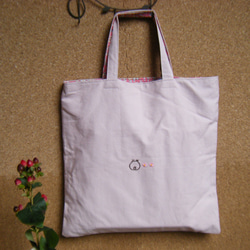 うさぎ刺繡四角いエコバッグ（ピンク） 2枚目の画像