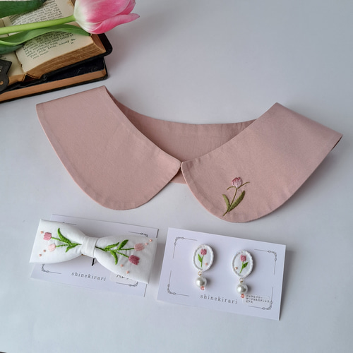 上品 柔らかな大人女子チューリップ刺繍 ビーズ刺繍 イヤリング/ピアス