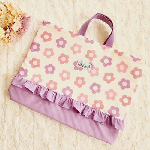 図書袋 絵本バッグ 通園バッグ いちごと小花 くすみパープル 図書袋