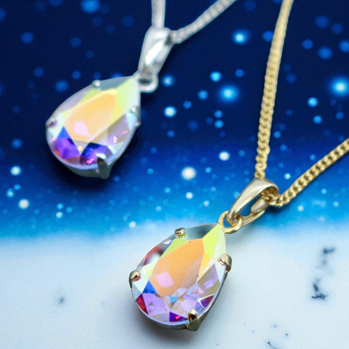 ハンドメイド 透明茶色涙型クリスタルペンダント 夜空に咲く光の