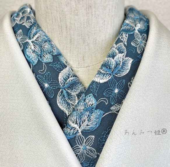 洗える刺繍半衿 ペールブルーの薔薇 和装小物（帯・半襟） 半衿