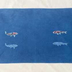 送料無料  藍染手ぬぐい " 2匹の錦鯉 "　型摺り染 1枚目の画像
