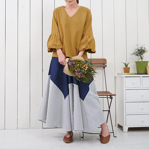 美品✨19SS　コムコム　ブルー ストライプ 袖付き変形スカート　ボリューム 美品✨19SS コムコム ブルー ストライプ 袖付き変形スカート