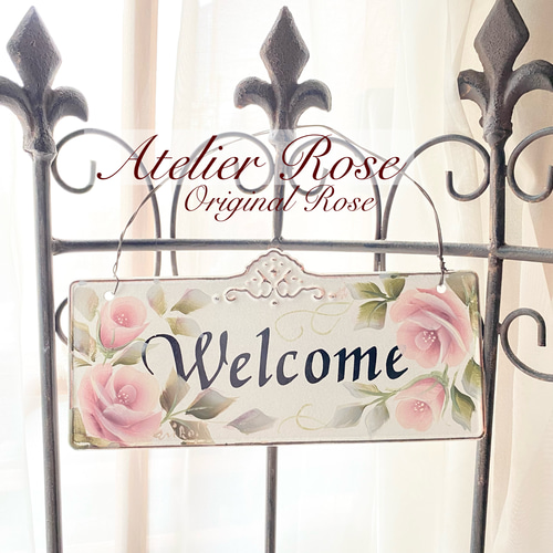 ♡トールペイント 手描きの薔薇 ピンクローズのトイレプレート 表札