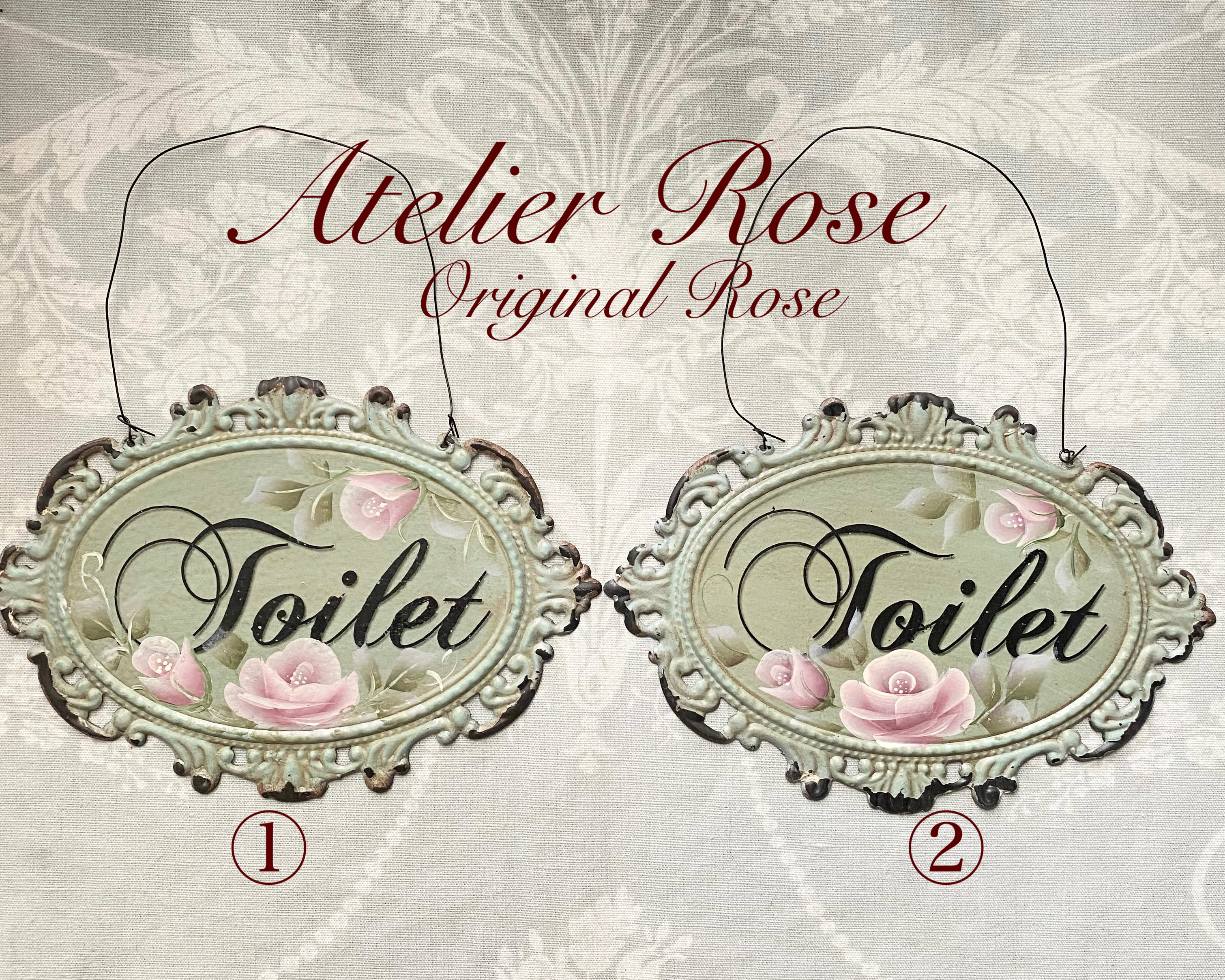 ♡トールペイント 手描きの薔薇 ピンクローズのトイレプレート 表札