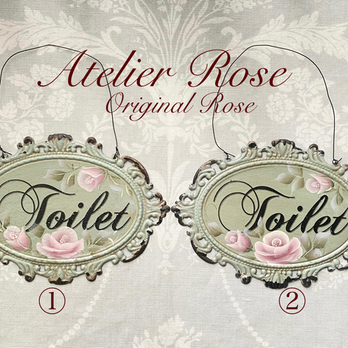 ♡トールペイント 手描きの薔薇 ピンクローズのトイレプレート 表札 