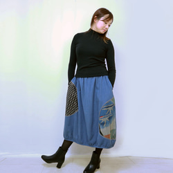 SALE☆草木染め、手描染め刺繡入りコットンバルーンスカート、ブルー1、フリーサイズ 3枚目の画像