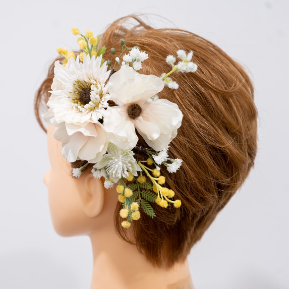 【ショートヘアーやベリーショートの花嫁様に】ドライフラワー風ミモザのヘッドドレスH ボンネ風ヘッドパーツ 春の結婚式に＊ 3枚目の画像